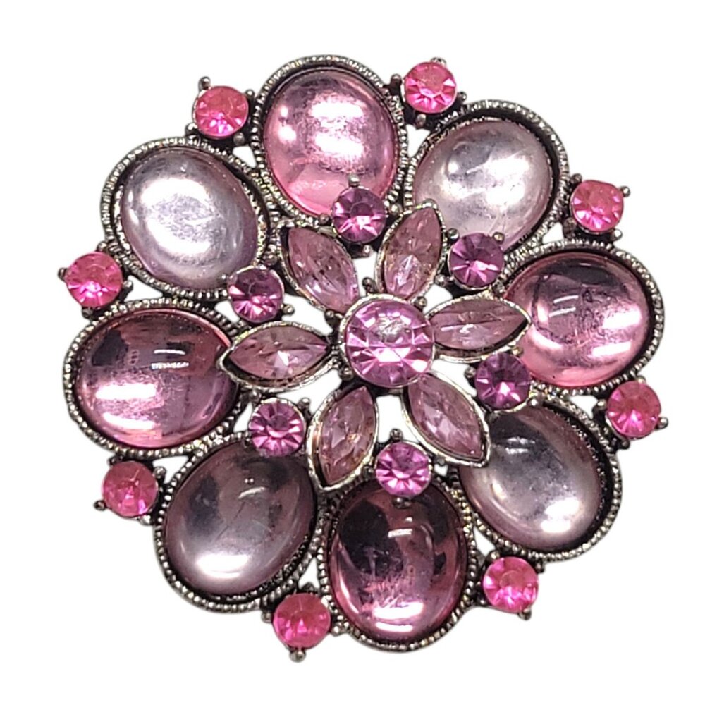 Vtg Floral Pink Rhinestone Brooch Pin Pendant With Silver-Tone Metal Backing